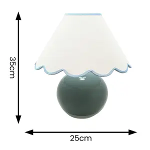 ValueLights Bosco Eucalyptus Ceramic Table Lamp with Blue Trim Scallop Shade - LED Bulb Included