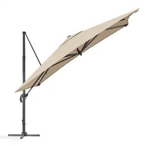 3M Large Square Canopy Rotatable Tilting Garden Rome Umbrella Cantilever Parasol with Cross Base, Beige