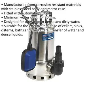 High Efficiency Stainless Steel Dirty Water Pump - 225L/Min with Automatic Cut-Out