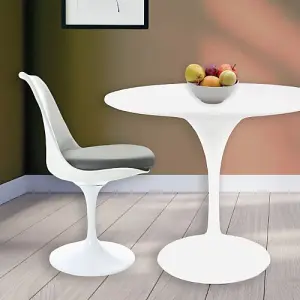 Tulip Set - White Medium Circular Table and Four Chairs with PU Cushion Grey