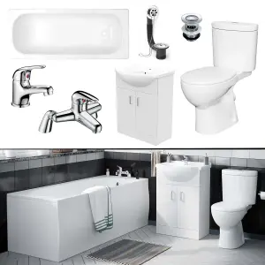 Nes Home Bath Suite 1700mm Bath, 550mm White Basin Vanity, Toilet, Taps & Wastes