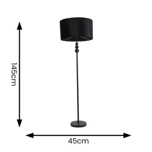 ValueLights Marissa Matt Black Stacked Ball Floor Lamp with Black Velvet Shade