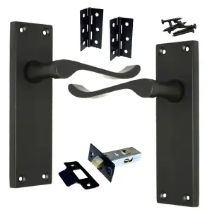 Door Handles Victorian Scroll Lever Latch - Matt Black Pack Hinges 150 x 40mm