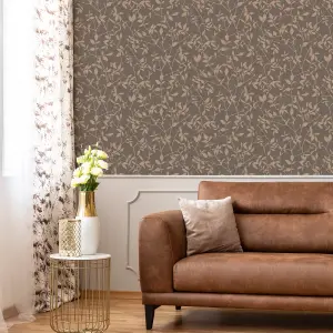 Boutique Brown Metallic effect Leaves Textured Wallpaper