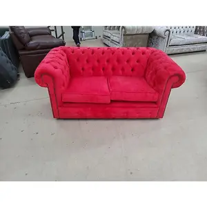 Chesterfield 2 Seater Sofa Settee Azzuro Post Box Red Real Velvet Fabric In Classic Style