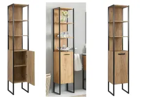 Tall Bathroom Cabinet Storage Unit Tallboy Black Steel Oak Finish Freestanding Loft Industrial Brook