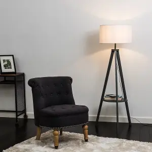 ValueLights Morrigan Grey Wood Tripod Design Floor Lamp with Storage Shelf & White Drum Shade - Includes 6w LED Bulb 3000K