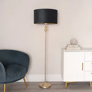 ValueLights Maggie Gold Candlestick Floor Lamp with Black Velvet with Gold Inner Lamp Shade and LED Bulb