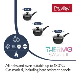 Prestige Thermo Smart Black Round Aluminium Induction Hob Suitable Non-Stick Saucepan Set Pack of 3