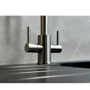 Liquida AD395BS Swan Neck Twin Lever Kitchen Mixer Tap In Brushed Steel