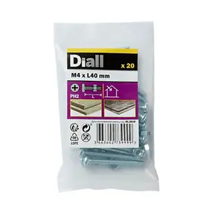 Diall M4 Cruciform Philips Pan head Zinc-plated Carbon steel Machine screw & nut (Dia)4mm (L)40mm, Pack of 20