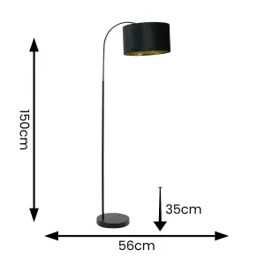 ValueLights Curva Black Arched Floor Lamp with Black Velvet and Gold Inner Lamp Shade & Bulb