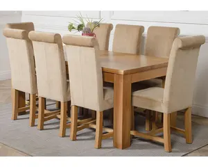 Dakota 182 x 92 cm Chunky Oak Large Dining Table and 8 Chairs Dining Set with Washington Beige Fabric Chairs