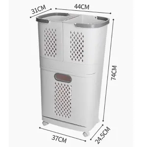 Laundry Basket 2 Tier 3 Section Laundry Hamper Sorter Divided Clothes Storage Organizer on Wheels