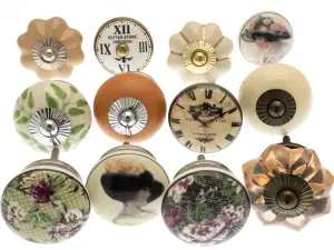 MangoTreeKnobs - Door Knobs Hand Painted Ceramic with Clocks, Butterfly, Flowers and Brass Fretwork Set of 12