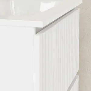 Banyetti Linea Matt White Fluted Double Drawer Wall Hung Vanity Unit Including Basin 600mm x 460mm