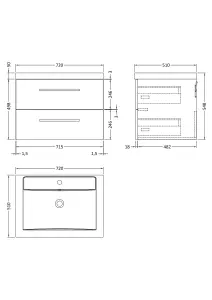 Wall Hung 2 Drawer Vanity Unit with Polymarble Basin, 720mm - Gloss Grey