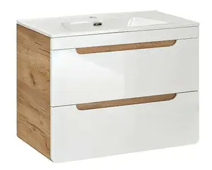 800 Vanity Unit Sink Wall Cabinet with Basin & Compact Drawers White Gloss Oak Arub