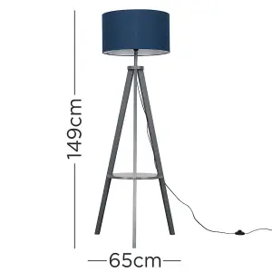 ValueLights Morrigan Grey Wood Tripod Design Floor Lamp with Storage Shelf and Navy Blue Drum Shade