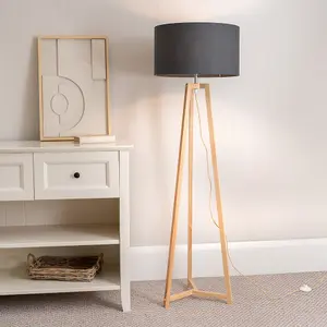 ValueLights Lottie Natural Wood Tripod Floor Lamp with Charcoal Grey Drum Shade - LED Bulb Included