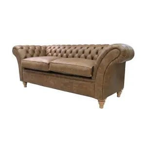 Chesterfield 3 Seater Sofa Settee Cracked Wax Tan Real Leather Balmoral Style