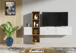 Wally TV Unit 180cm Oak & White with High Gloss Doors - Creative Furniture