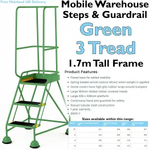 3 Tread Mobile Warehouse Steps & Guardrail GREEN 1.7m Portable Safety Stairs