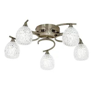 Luminosa Boyer 5 Light Semi Flush Multi Arm Ceiling Light Antique Brass, Glass, G9