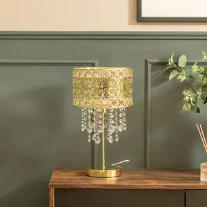 ValueLights Enna Gold Moroccan Style Bedside Table Lamp with Acrylic Jewel Droplet Drum Lampshade - Bulb Included