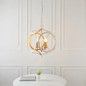 Matt White & Gold Ceiling Pendant Light - 4 Bulb Hanging Circular Frame Fitting