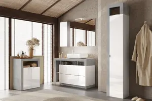 FURNICOMP Lorenzo 1 Door White Gloss and Concrete Grey Tall Bathroom Storage Cupboard