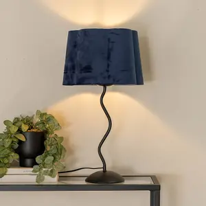 ValueLights Wiggle Black Metal Single Stem Table Lamp with Navy Blue Velvet Scallop Lamp Shade and LED Bulb