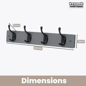 keypak 4 Matte Black Coat Hooks on Grey Wooden Board - 46cm Modern Wall Mounted Coat Rack Clothes Hanger