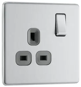 GoodHome Brushed Steel Single 13A Socket & Grey inserts