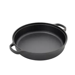 Black Round Pre Seasoned Cast Iron Frying Pan Kitchen Skillet with Double Handles Dia 30cm