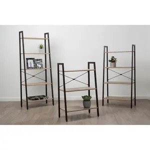 Interiors By Premier Four Tier Grey Oak Veneer Ladder Shelf Unit, Functional Industrial Narrow Shelf, Stylish Tall Cupboard