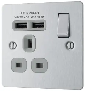 BG Brushed Steel Single 13A Flat Switched Screwed Socket with USB, x2 & Grey inserts