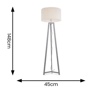 ValueLights Lottie Grey Wood Tripod Floor Lamp with Cream Boucle Drum Shade - LED Bulb Included