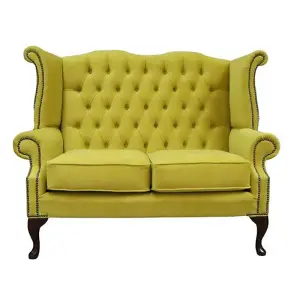 Chesterfield 2 Seater High Back Sofa Amalfi Buttercup Yellow Velvet Fabric In Queen Anne Style