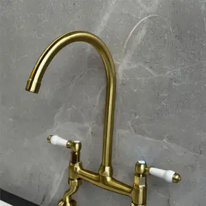 Liquida W23BR Traditional Two Hole Bridge Lever Brushed Brass Kitchen Mixer Tap