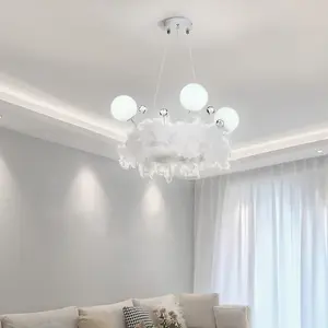 Feather Chandelier LED Pendant Light with Crystal Balls in White Light