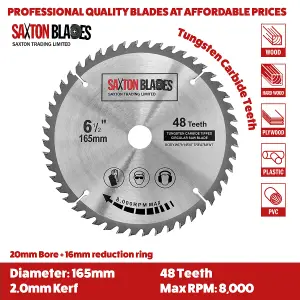 Saxton TCT16548TSK TCT Circular Saw Blade 165mm x 48 teeth x 20mm Bore & 16mm Ring