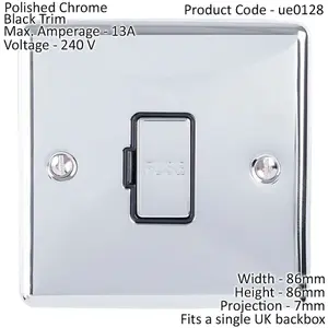 13A DP Unswitched Fuse Spur CHROME & Black Mains Isolation Wall Plate