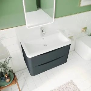 Wall Hung 2 Drawer Vanity Basin Unit with Polymarble Basin, 800mm - Soft Black