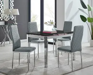 Enna Black Glass Extending Dining Table and 4 Grey Milan Chairs