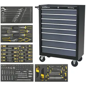 Durable 8 Drawer Tool Rollcab with 136 Piece Tool Kit in Black and Grey