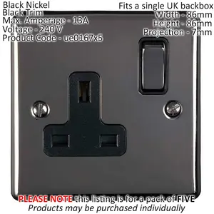 5 PACK 1 Gang Single UK Plug Socket BLACK NICKEL 13A Switched Power Outlet