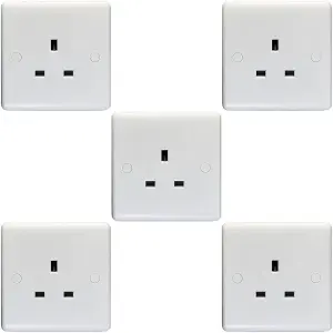 5 PACK 1 Gang Single 13A Unswitched UK Plug Socket - WHITE Wall Power Outlet