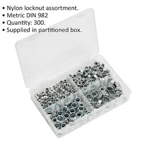 300 Pc Nylon Locknut Assortment - M6 to M12 - Partitioned Storage Box - DIN 985