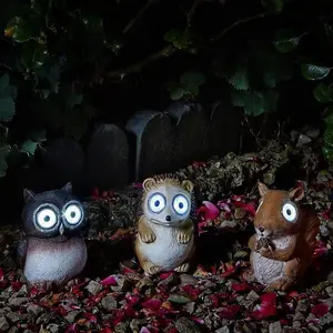 Garden Light Up Woodland Animal Ornamental Solar Powered Lights Set of 3 Owl Hedgehog & Squirrel